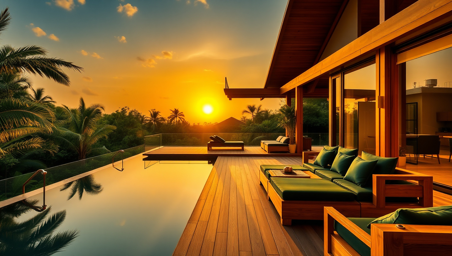 Lush smart outdoor terrace with automated irrigation and mood lighting